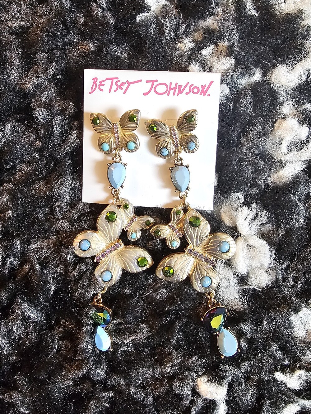 Betsey Johnson Buggin Out Gold-Tone Blue & Green Crystal Butterfly Drop Earrings